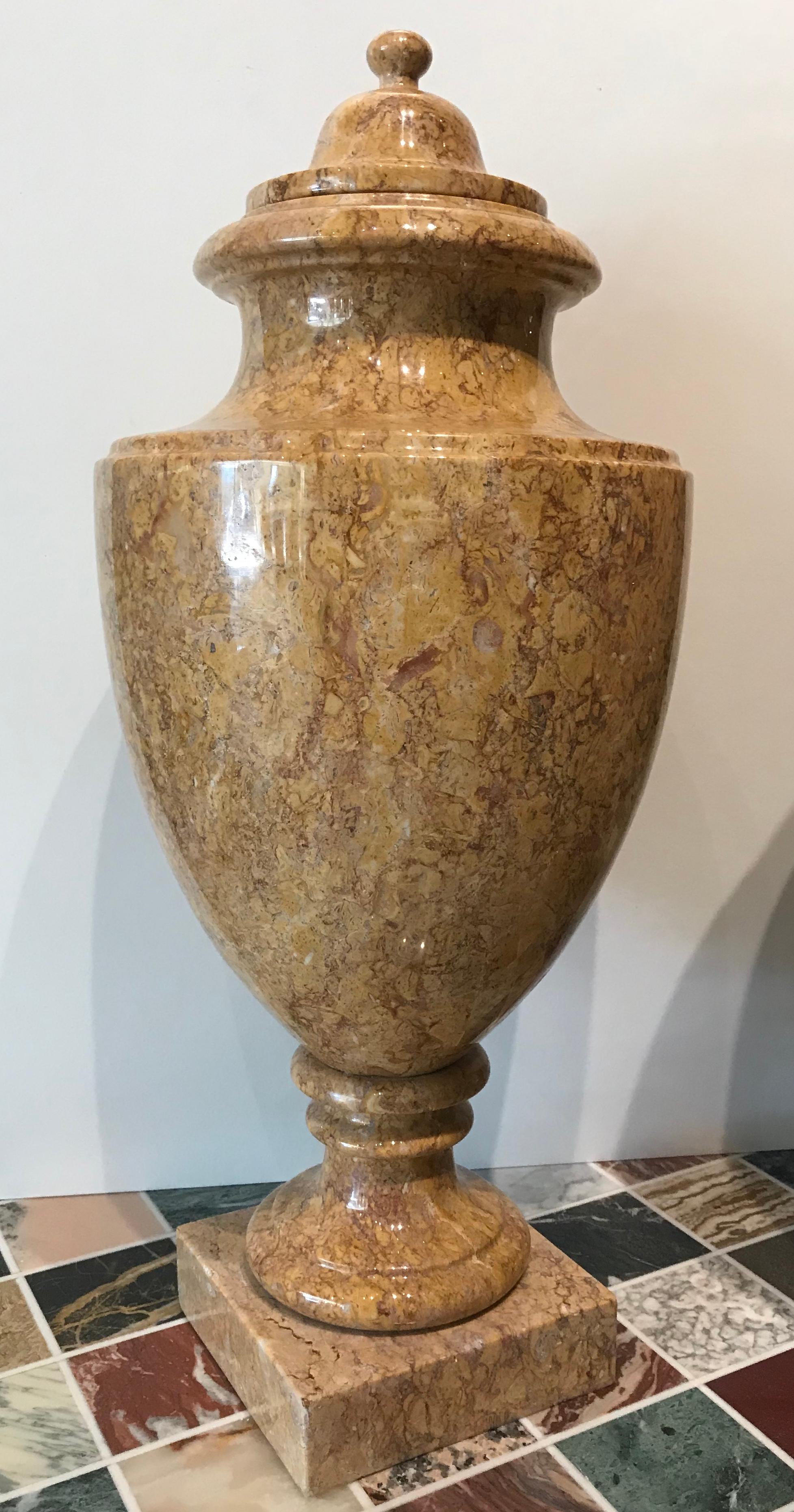 20th Century Italian Pair of Neoclassical Yellow Red Marble Urns Specimen In Excellent Condition In Rome, IT