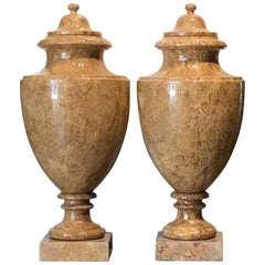 20th Century Italian Pair of Neoclassical Yellow Red Marble Urns Specimen