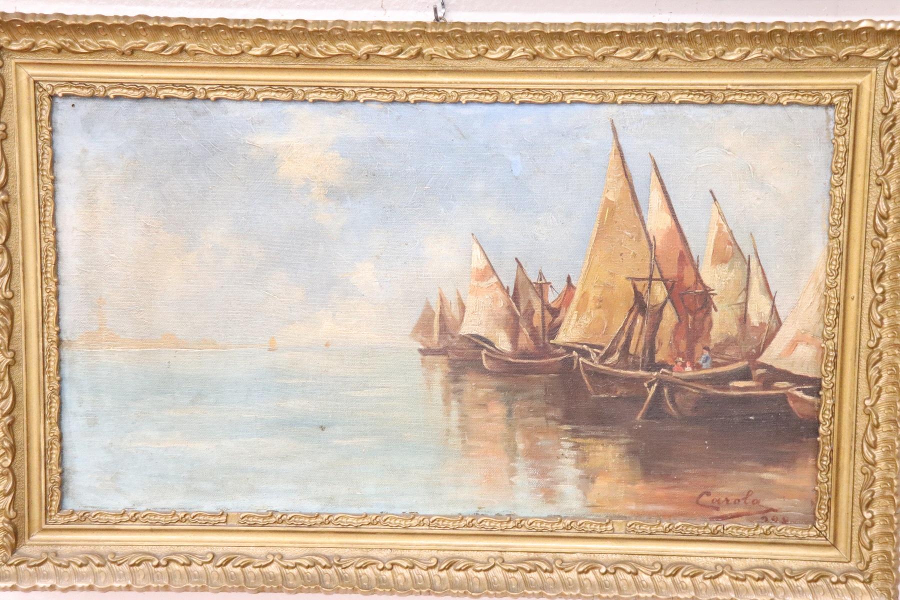 Beautiful marine oil painting on canvas. Excellent pictorial quality. Signed by Carola an Italian artist. A beautiful. Sold with gilded frame.