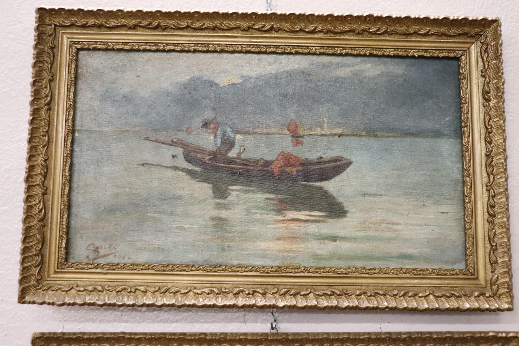 20th Century Italian Pair of Oil on Canvas Marine Painting with Frame, Signed 1