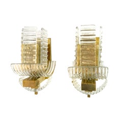 20th Century Italian Pair of Ridged Murano Glass Sommerso Wall Appliques