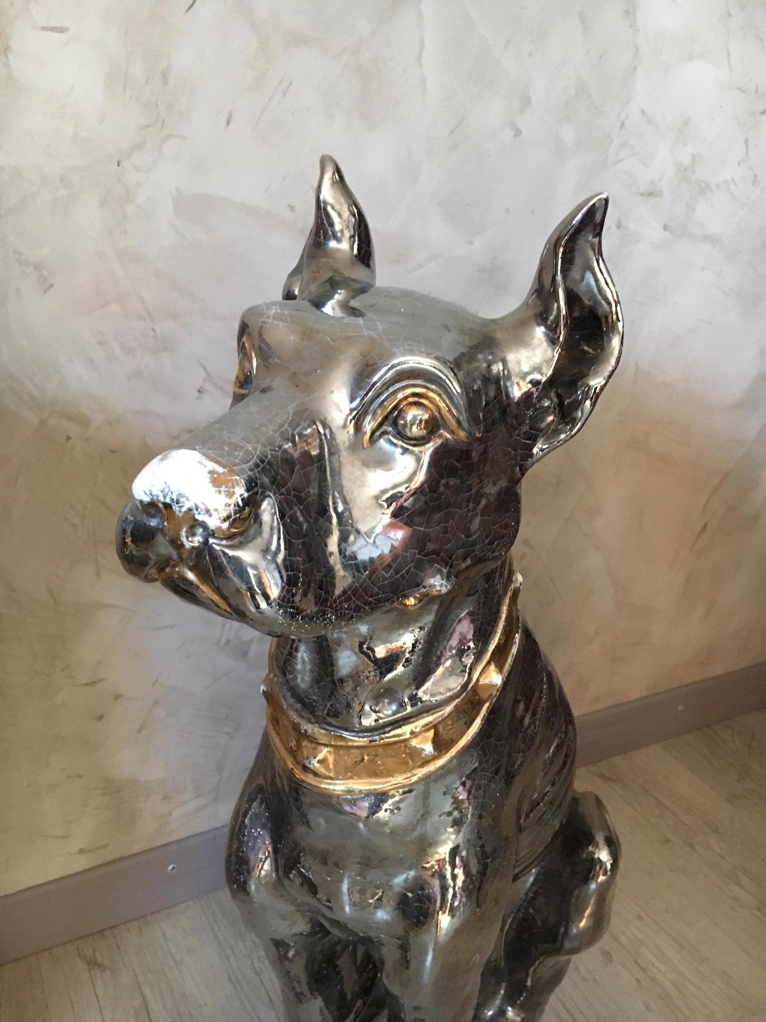20th Century Italian Pair of Silver and Golden Ceramic Dogs, 1950s For Sale 5