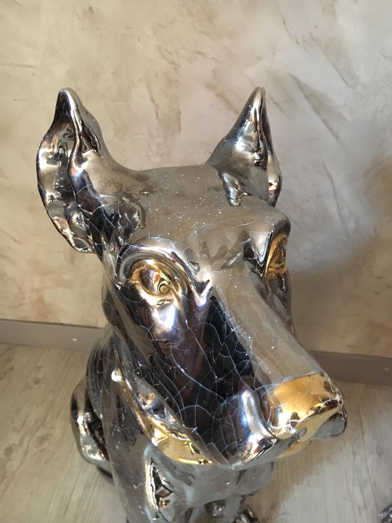 20th Century Italian Pair of Silver and Golden Ceramic Dogs, 1950s For Sale 6