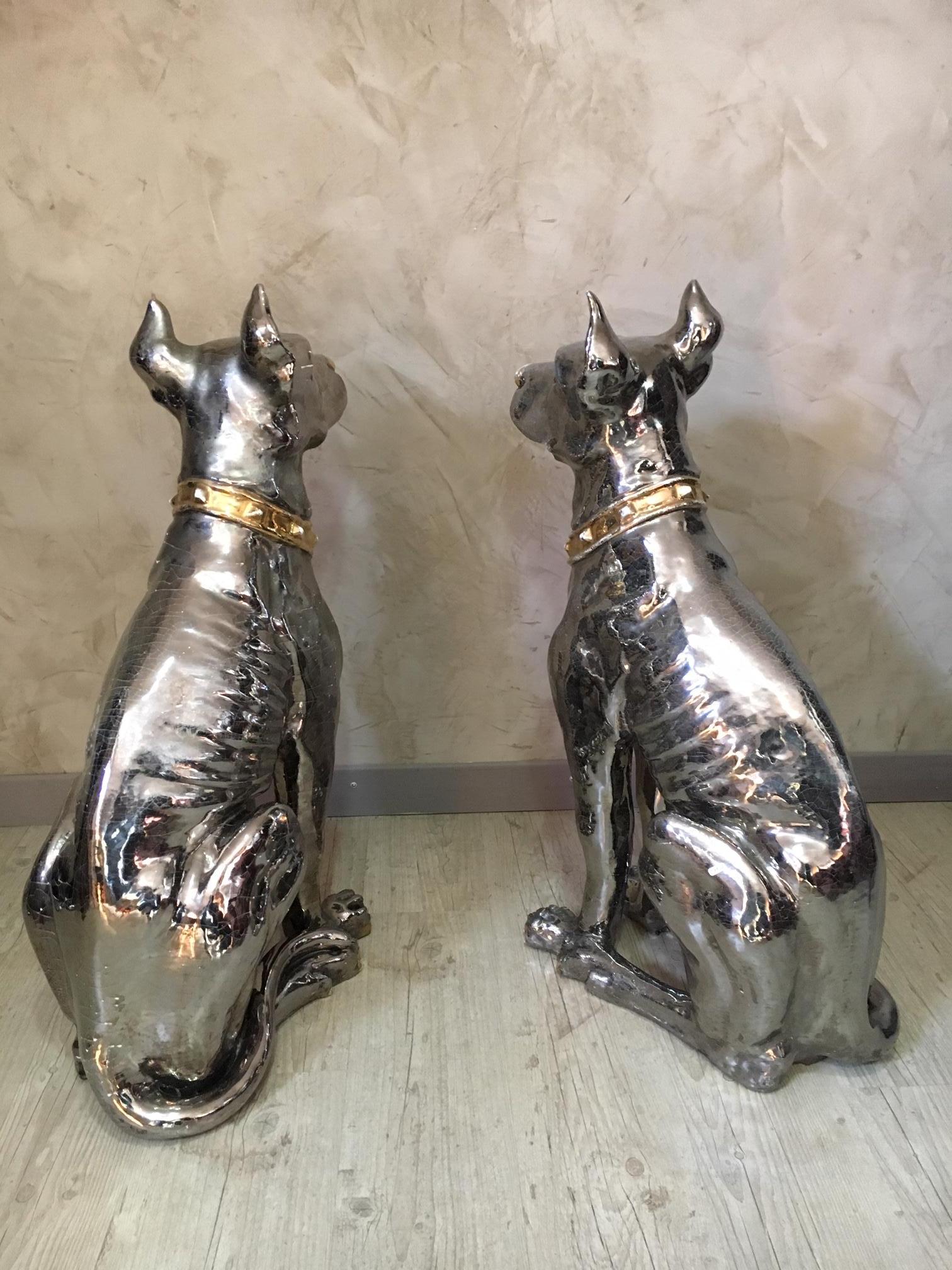 20th Century Italian Pair of Silver and Golden Ceramic Dogs, 1950s For Sale 1