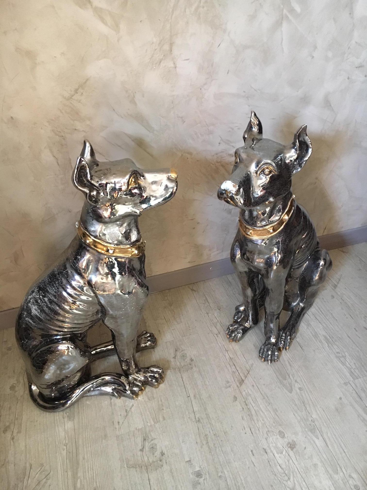 20th Century Italian Pair of Silver and Golden Ceramic Dogs, 1950s For Sale 2