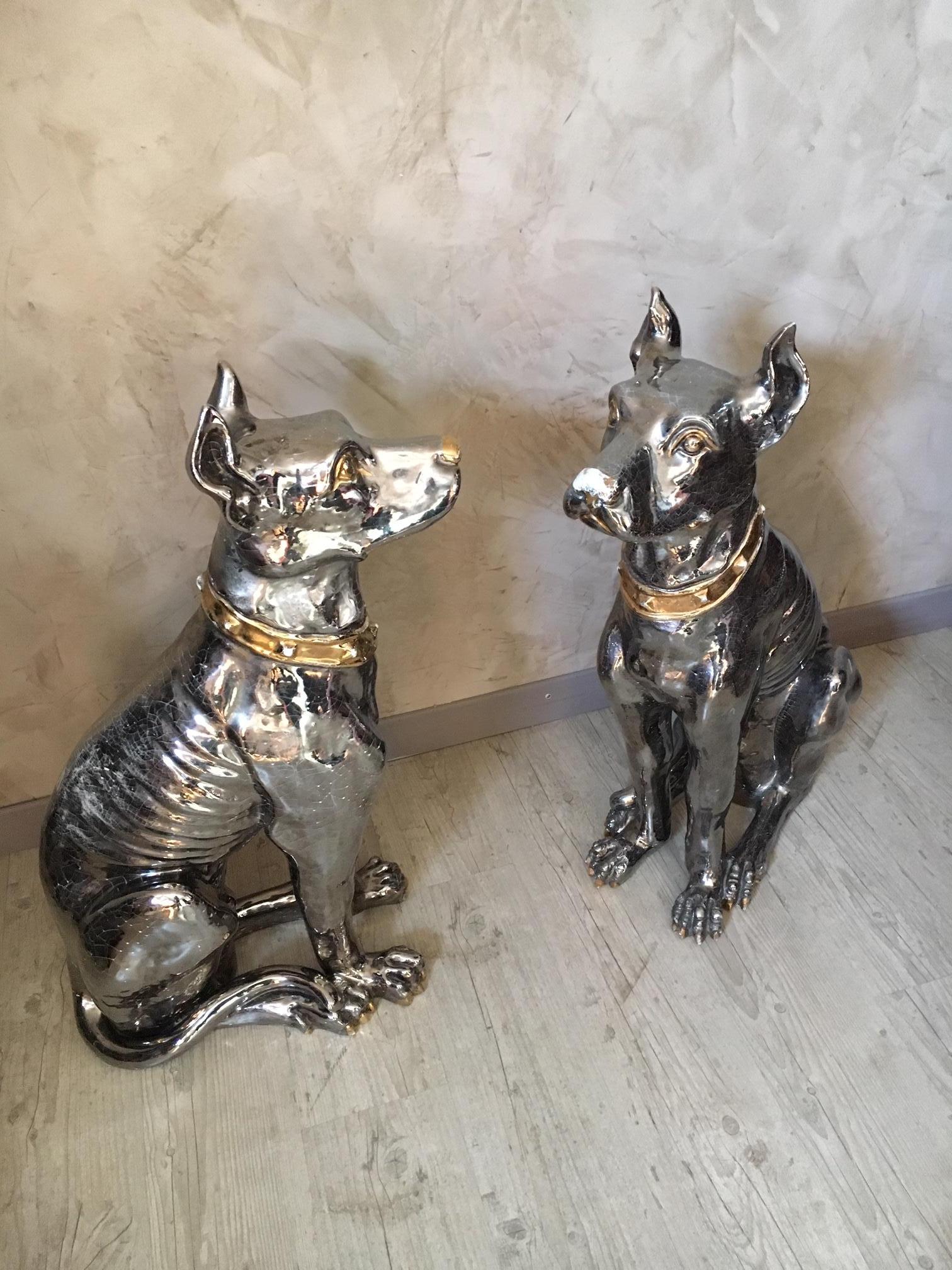 20th Century Italian Pair of Silver and Golden Ceramic Dogs, 1950s 2