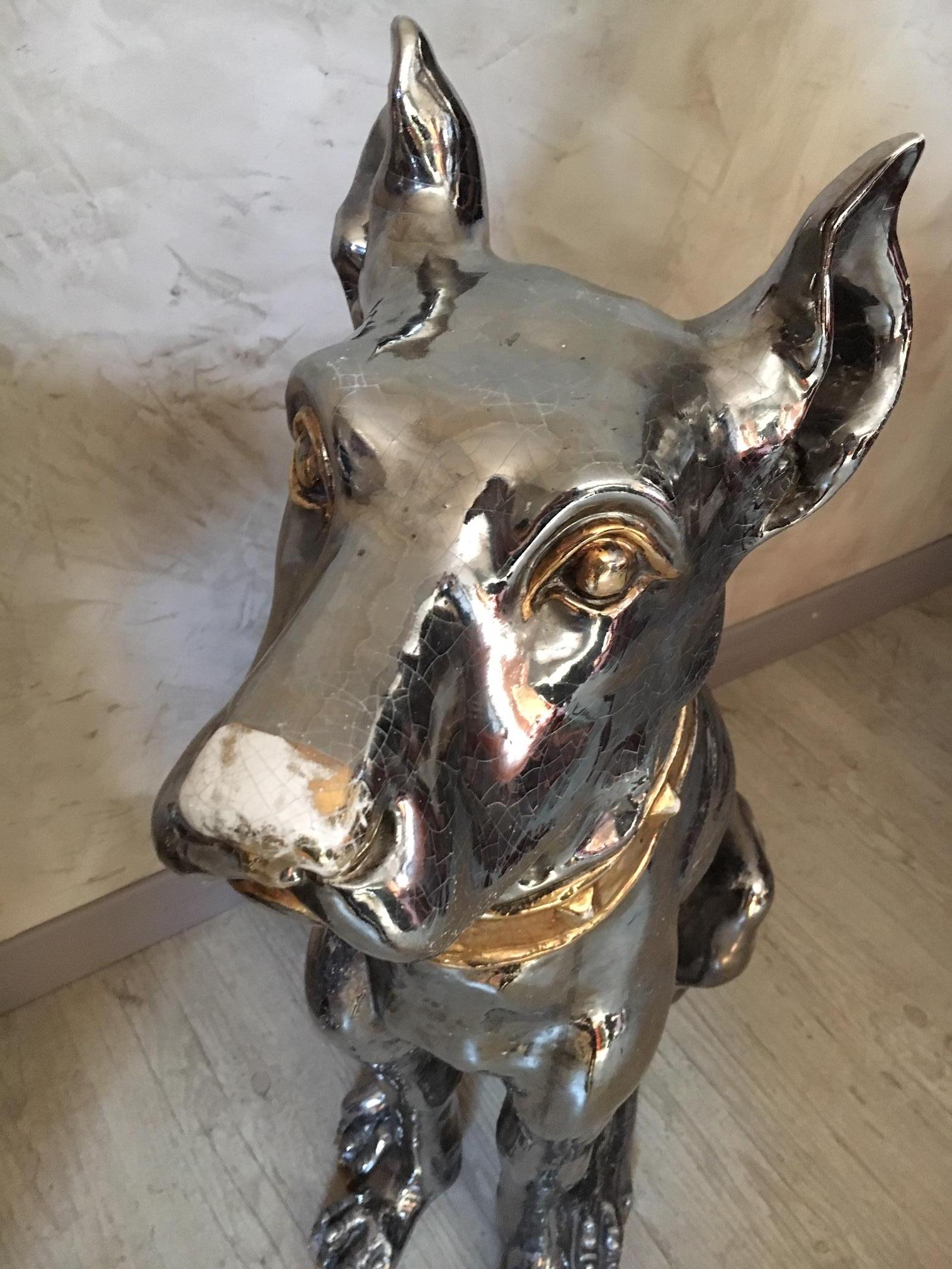 20th Century Italian Pair of Silver and Golden Ceramic Dogs, 1950s 3