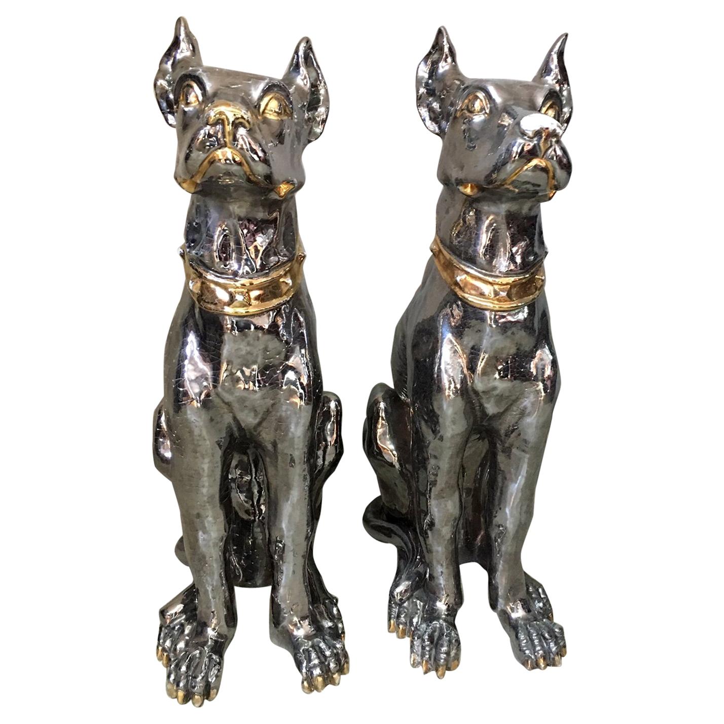 20th Century Italian Pair of Silver and Golden Ceramic Dogs, 1950s