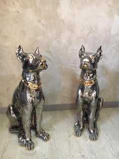 20th Century Italian Pair of Silver and Golden Ceramic Dogs