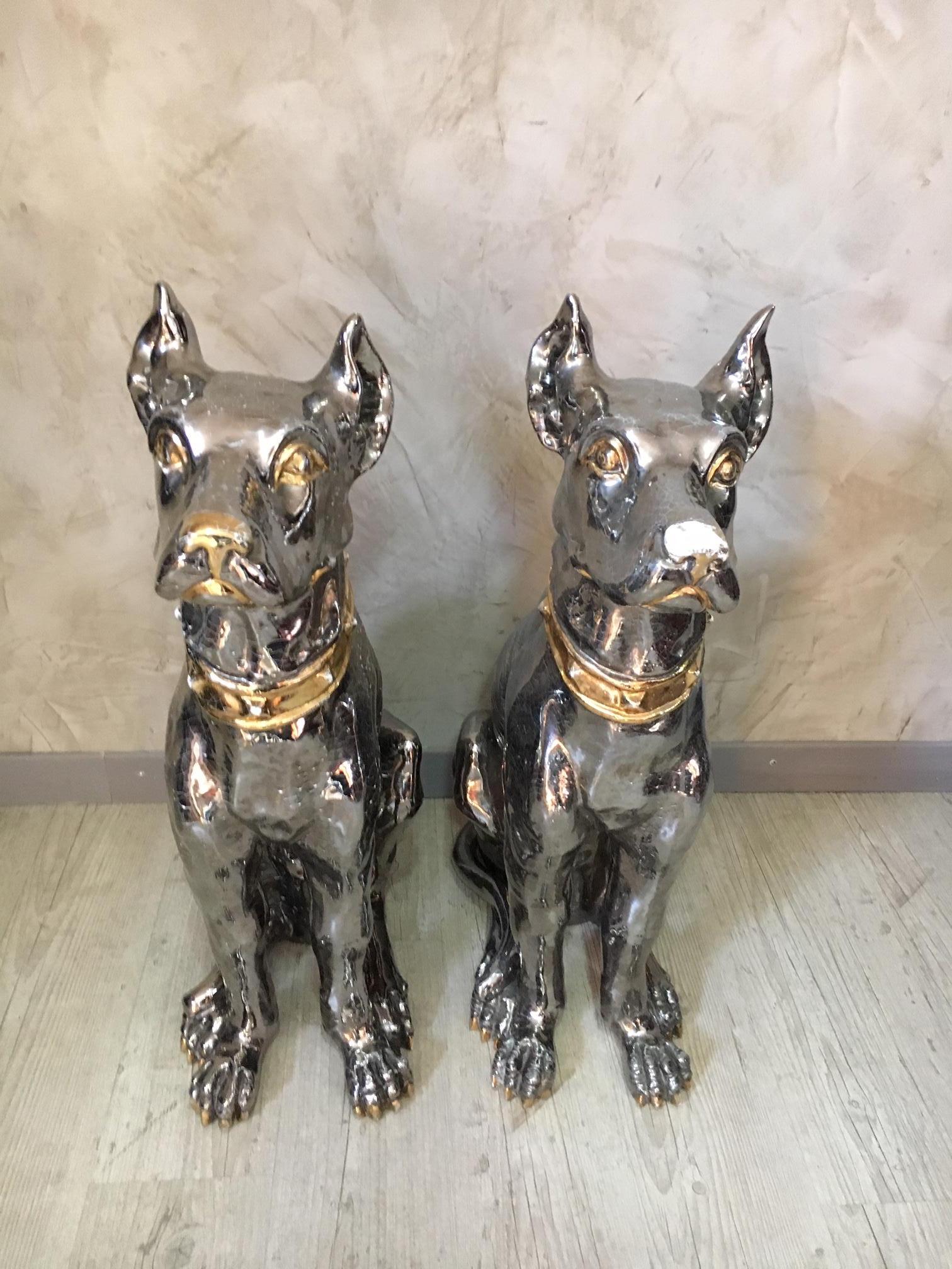 Gilt 20th Century Italian Pair of Silver and Golden Ceramic Dogs