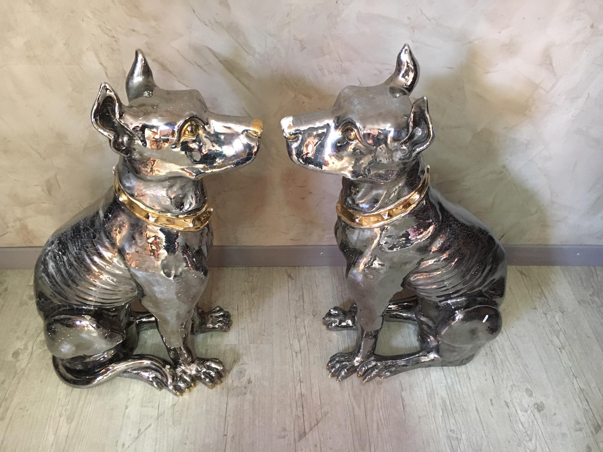 20th Century Italian Pair of Silver and Golden Ceramic Dogs 1