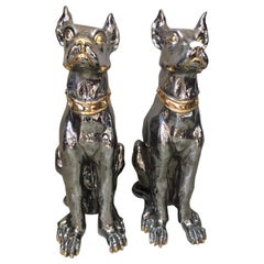 Vintage 20th Century Italian Pair of Silver and Golden Ceramic Dogs