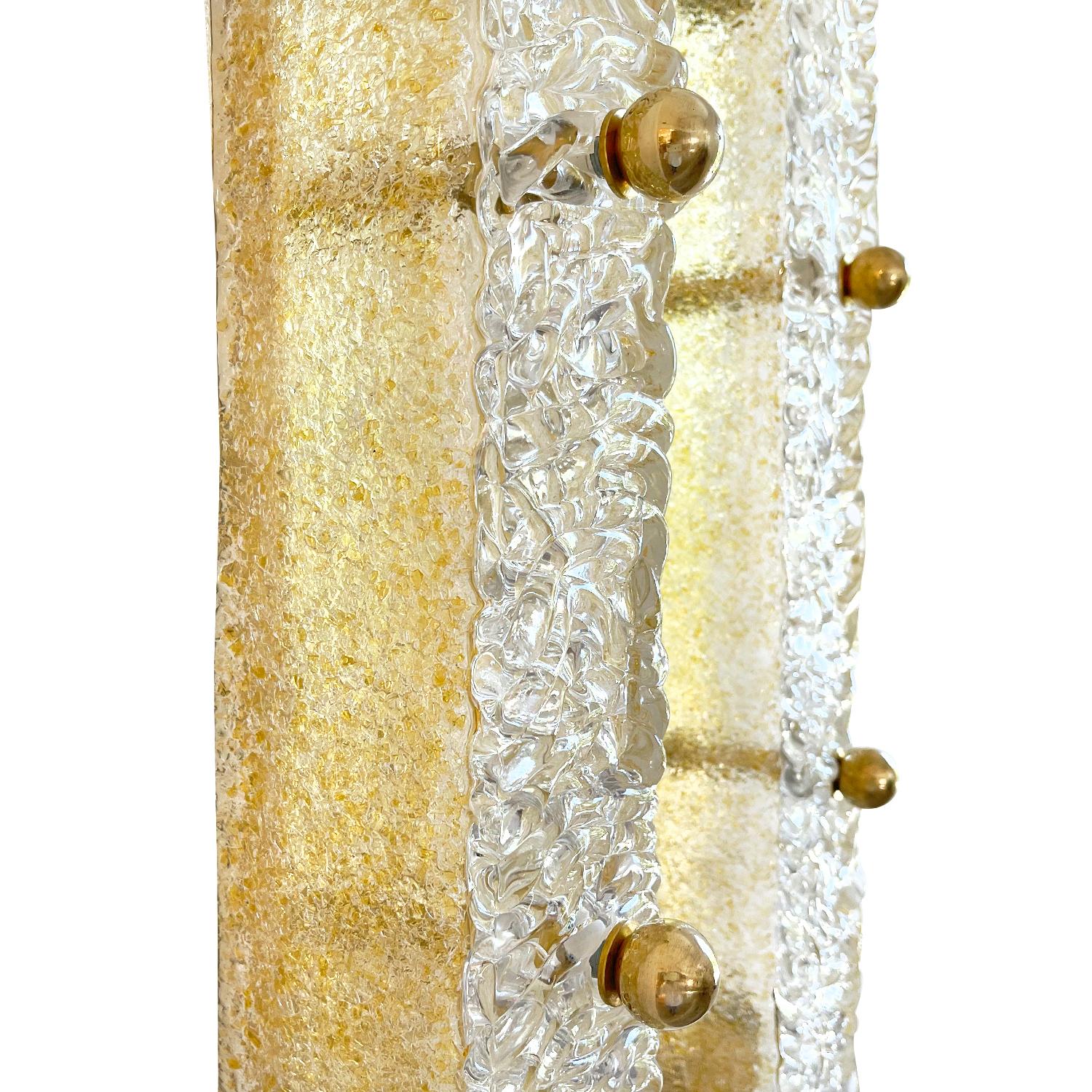 Brass 20th Century Italian Pair of Slim Frosted Murano Glass Oro Sommerso Wall Lights For Sale