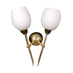 20th Century Italian Pair of Small Polished Brass, Glass Tulip Wall Sconces