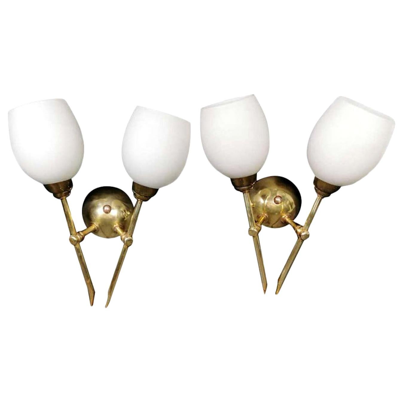 20th Century Italian Pair of Small Polished Brass, Glass Tulip Wall Sconces For Sale