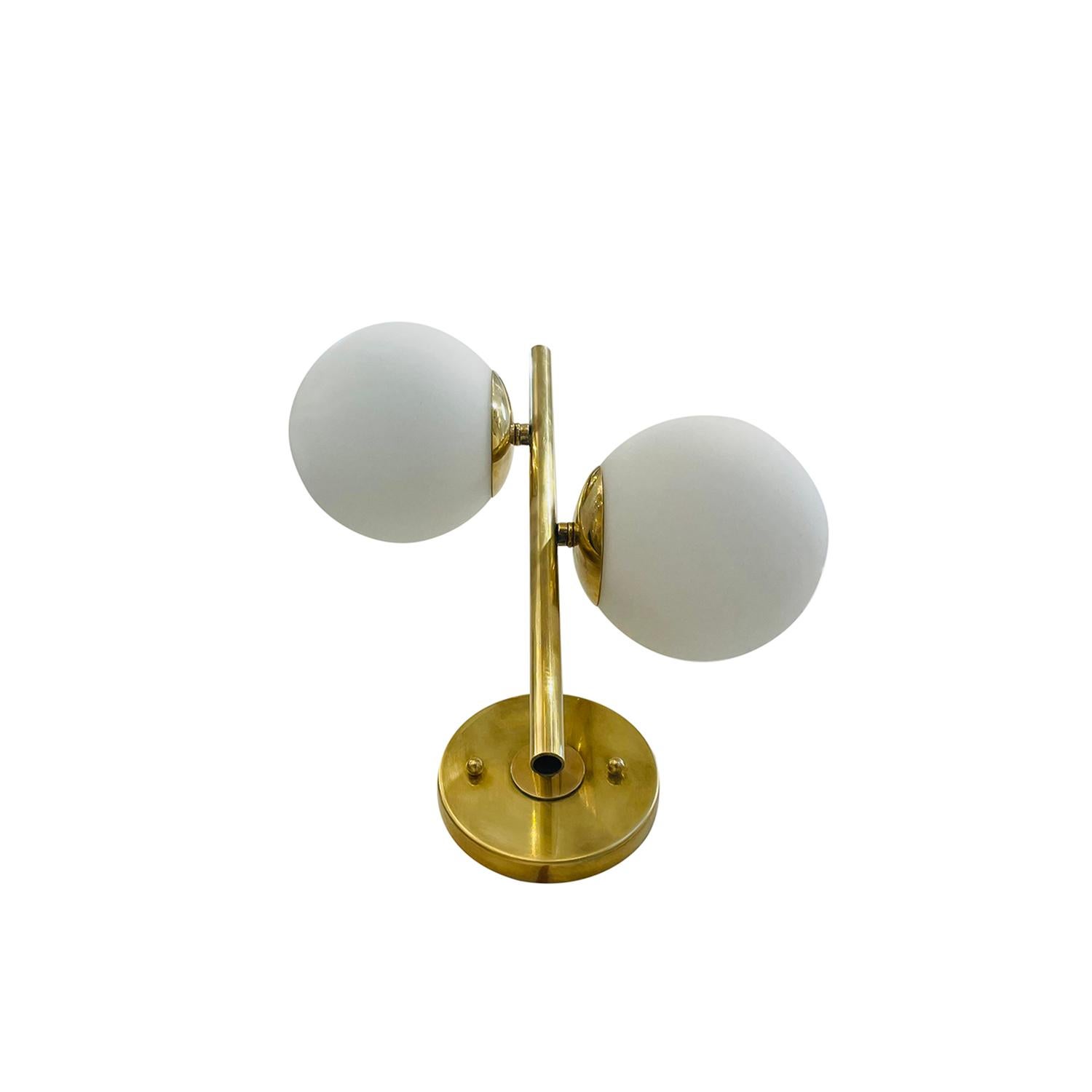 Mid-Century Modern 20th Century Italian Pair of Vintage Brass, Opaline Glass Wall Lamps by Stilnovo For Sale