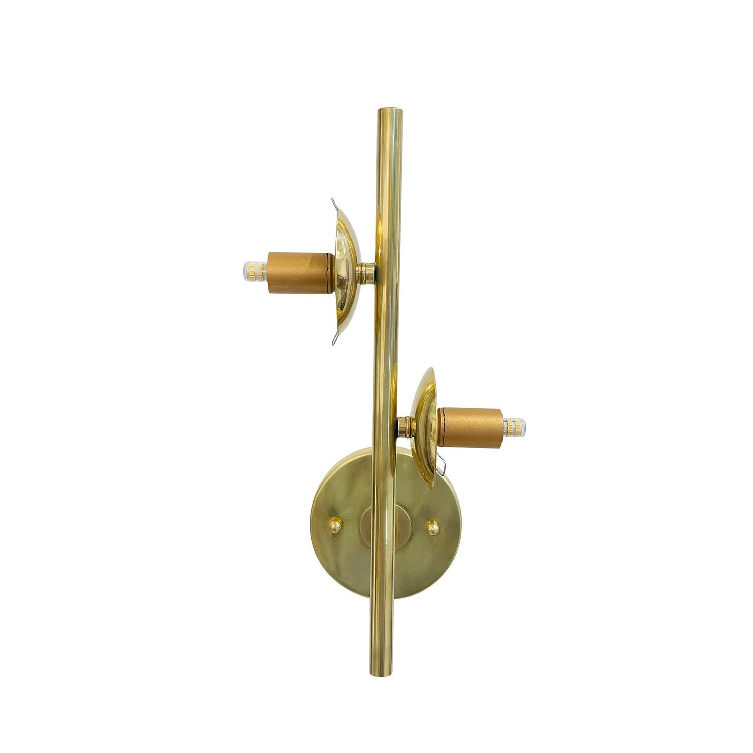 Hand-Crafted 20th Century Italian Pair of Vintage Brass, Opaline Glass Wall Lamps by Stilnovo For Sale