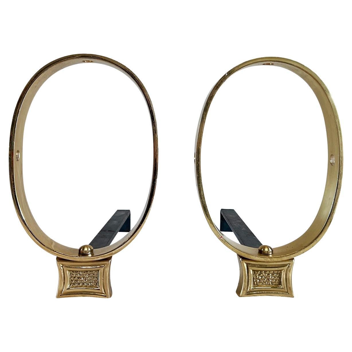 20th Century Italian Pair of Vintage Mid-Century Brass Oval Fireplace Andirons For Sale