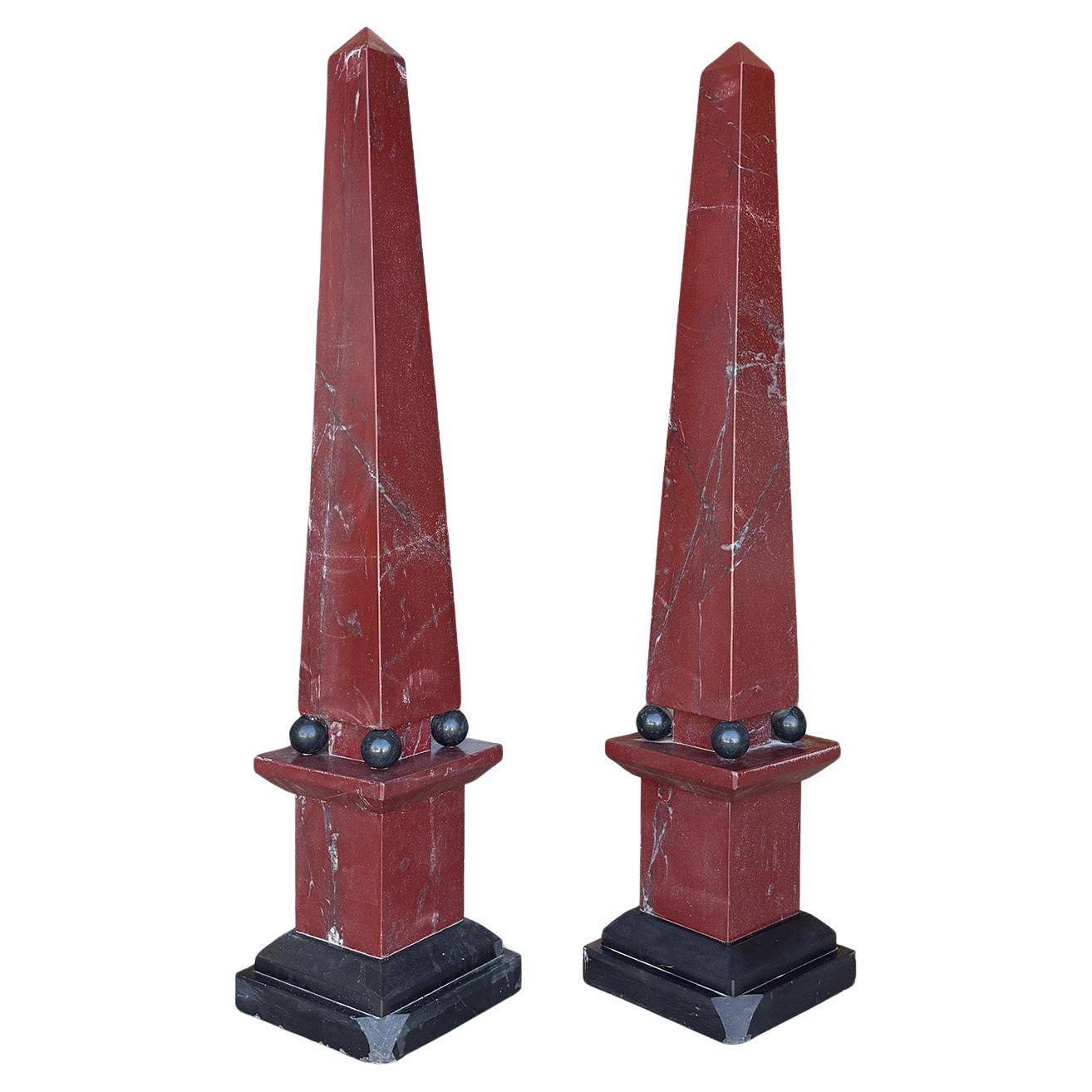 20th Century Italian Pair of Vintage Porphyry Marble Monolith Obelisks