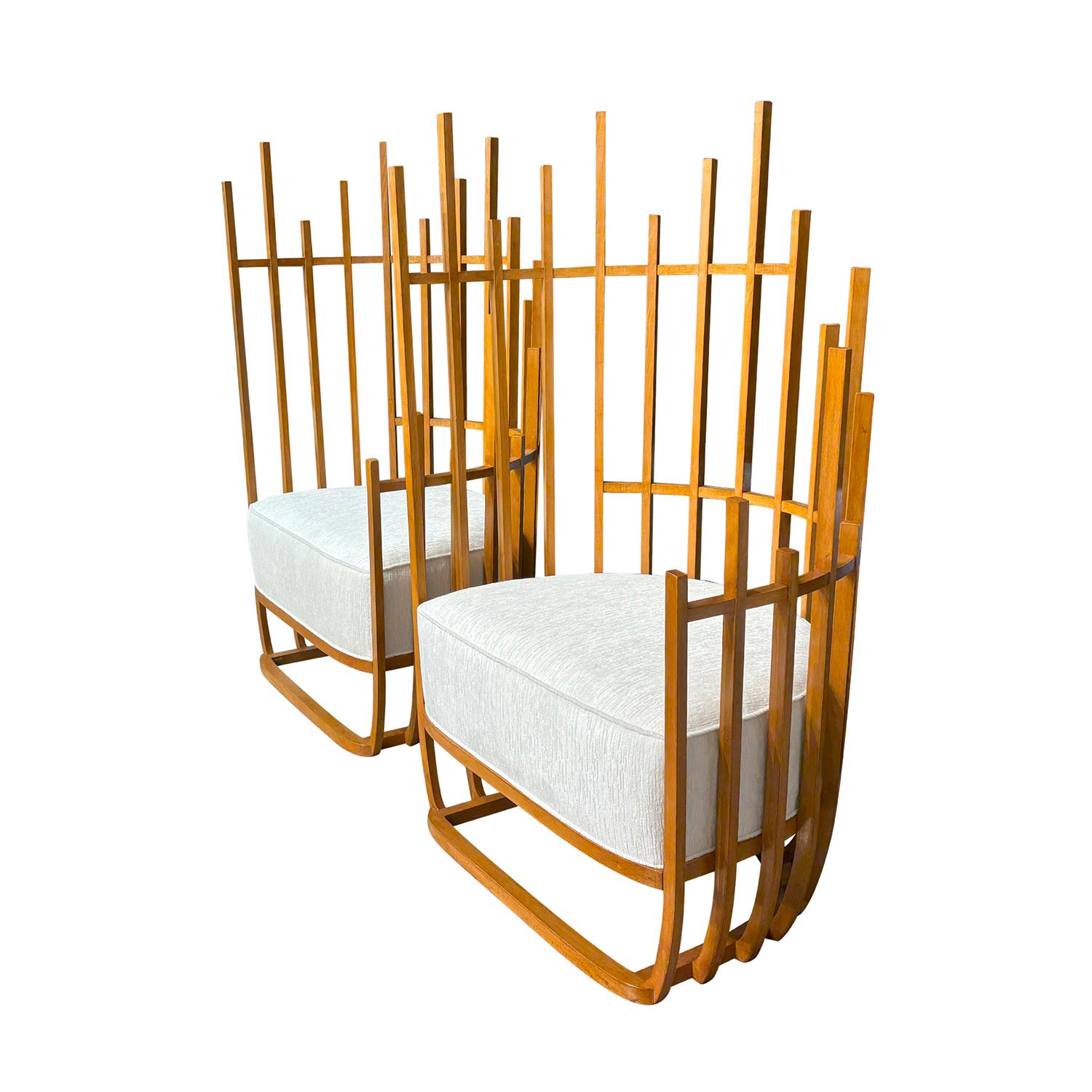 Fabric 20th Century Italian Pair of Vintage Sculptural Polished Walnut Lounge Chairs For Sale