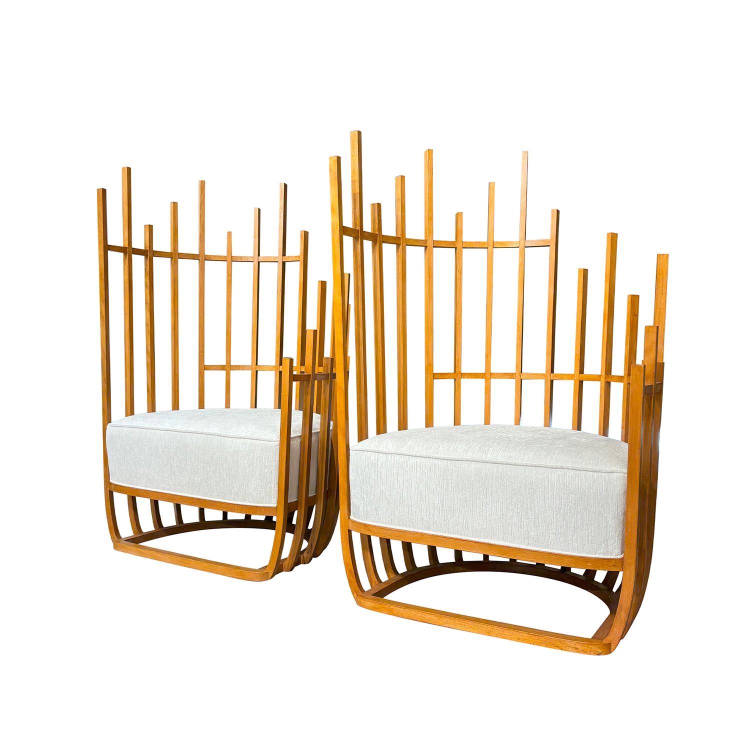 20th Century Italian Pair of Vintage Sculptural Polished Walnut Lounge Chairs For Sale 1