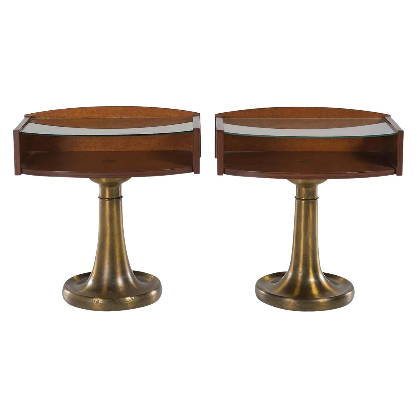 20th Century Italian Pair of Walnut Nightstands - Vintage Glass Bed Side Tables