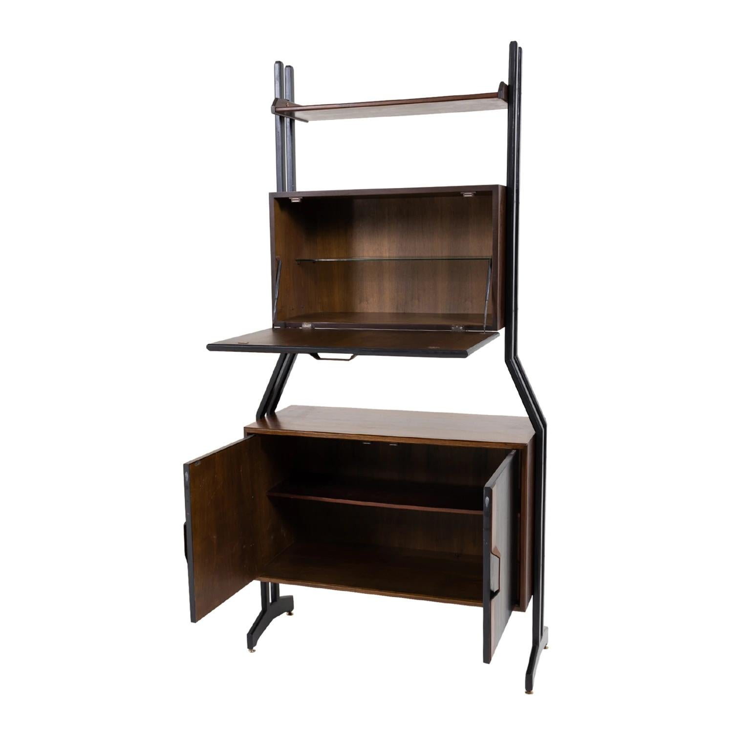 Metal 20th Century Italian Pair of Walnut Shelves, Rosewood Cabinets by Vittorio Dassi For Sale