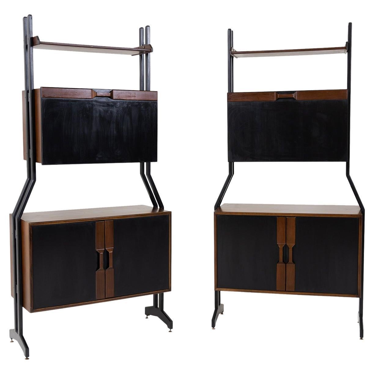20th Century Italian Pair of Walnut Shelves, Rosewood Cabinets by Vittorio Dassi For Sale