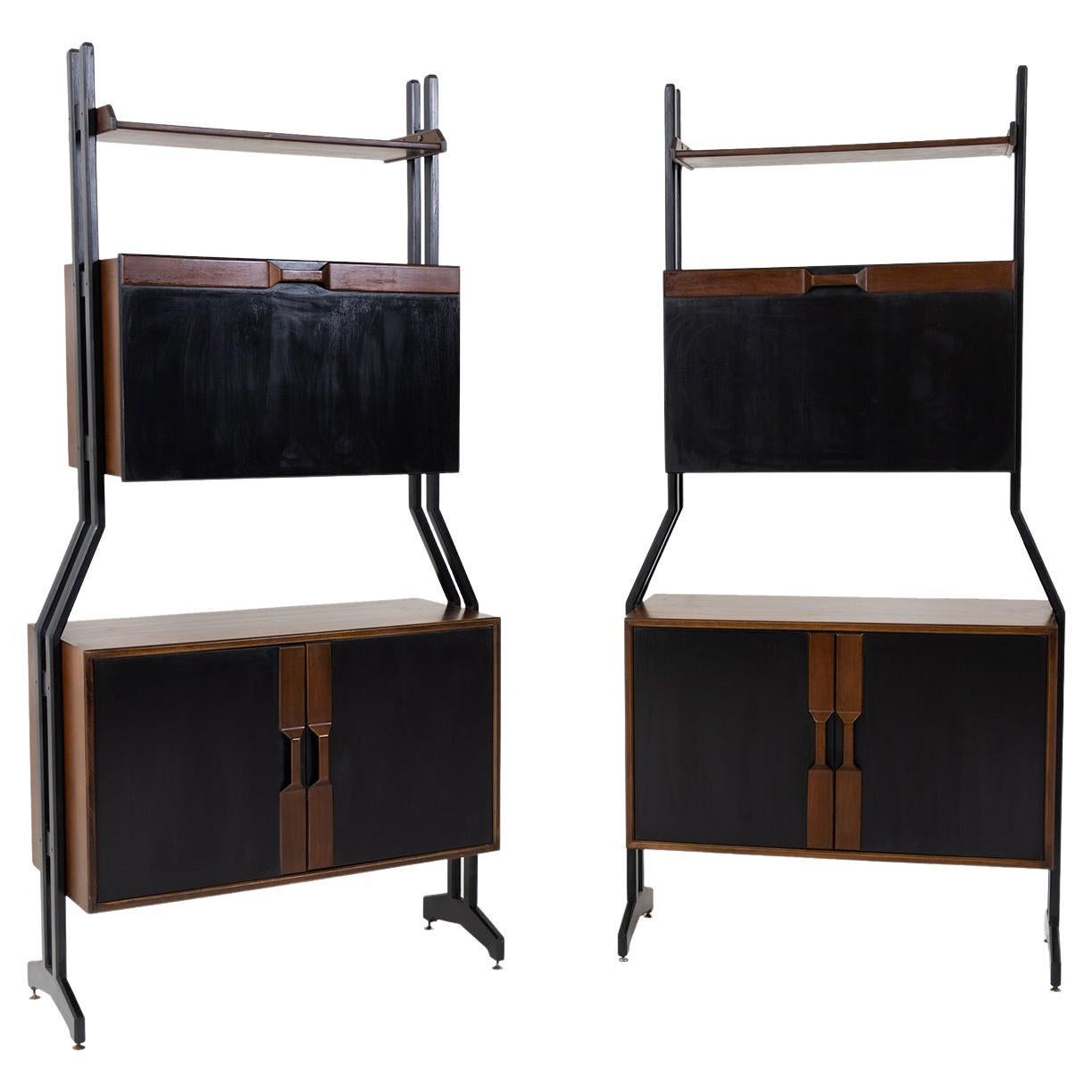 20th Century Italian Pair of Walnut Shelves, Rosewood Cabinets by Vittorio Dassi