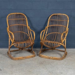 20th Century Italian Pair Of Wicker Armchairs By Tito Agnoli c.1960