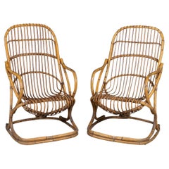 20th Century Italian Pair Of Wicker Armchairs By Tito Agnoli c.1960