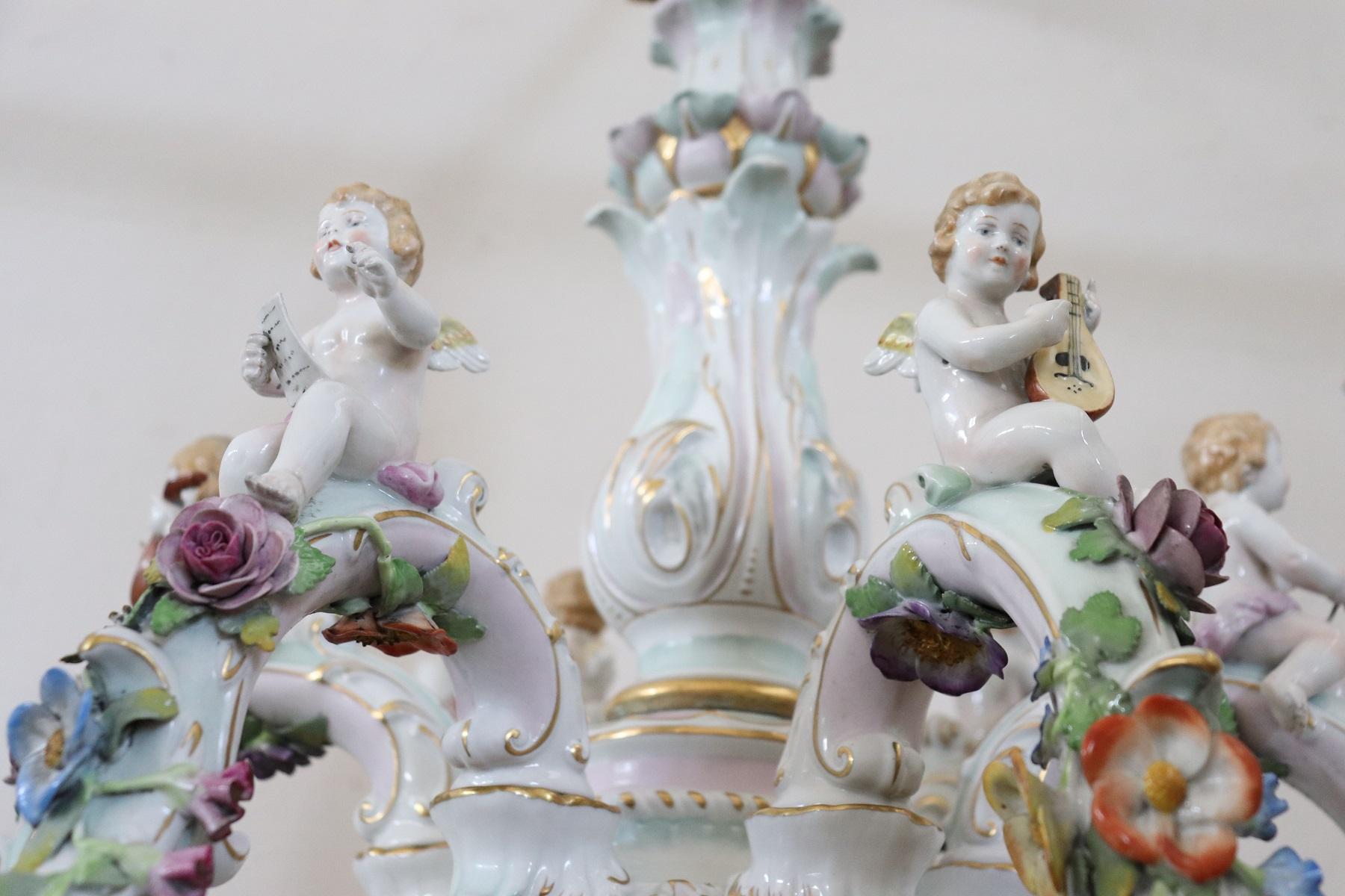 20th Century Italian Porcelain Chandelier Decorated with Flowers and Cherubs 6
