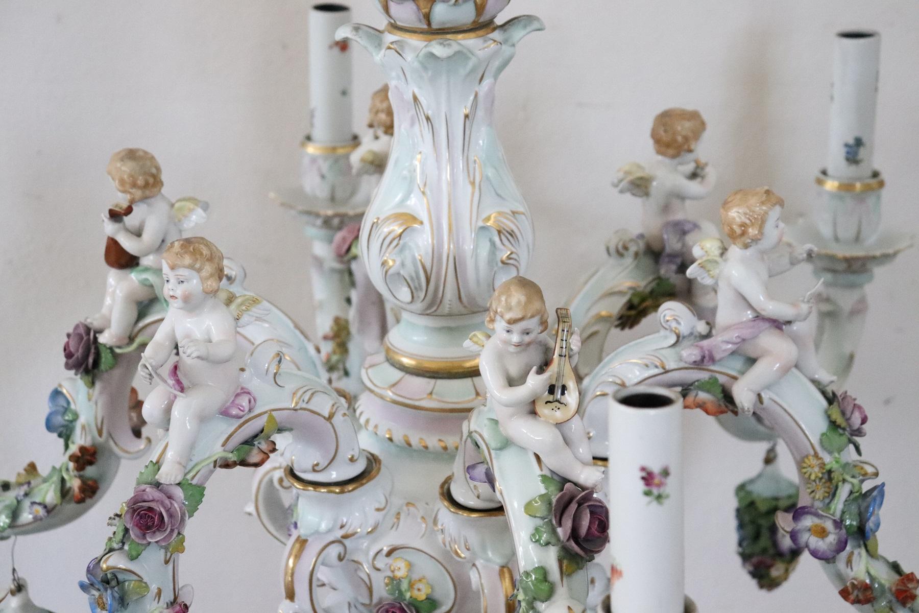Mid-20th Century 20th Century Italian Porcelain Chandelier Decorated with Flowers and Cherubs