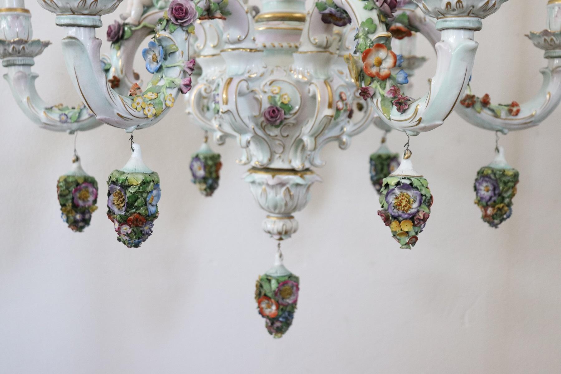 20th Century Italian Porcelain Chandelier Decorated with Flowers and Cherubs 1