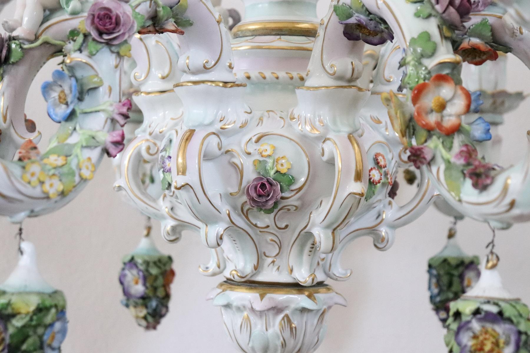 20th Century Italian Porcelain Chandelier Decorated with Flowers and Cherubs 2