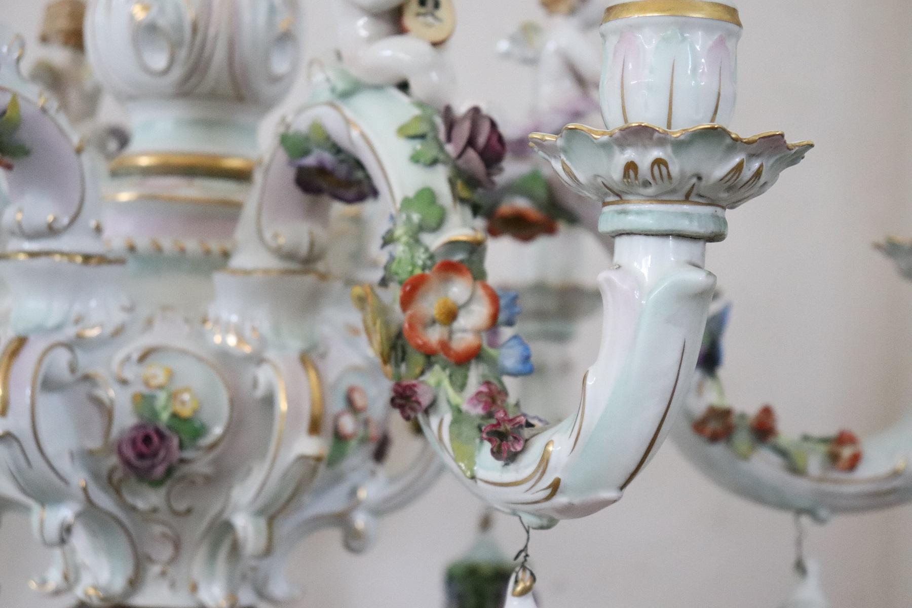 20th Century Italian Porcelain Chandelier Decorated with Flowers and Cherubs 3