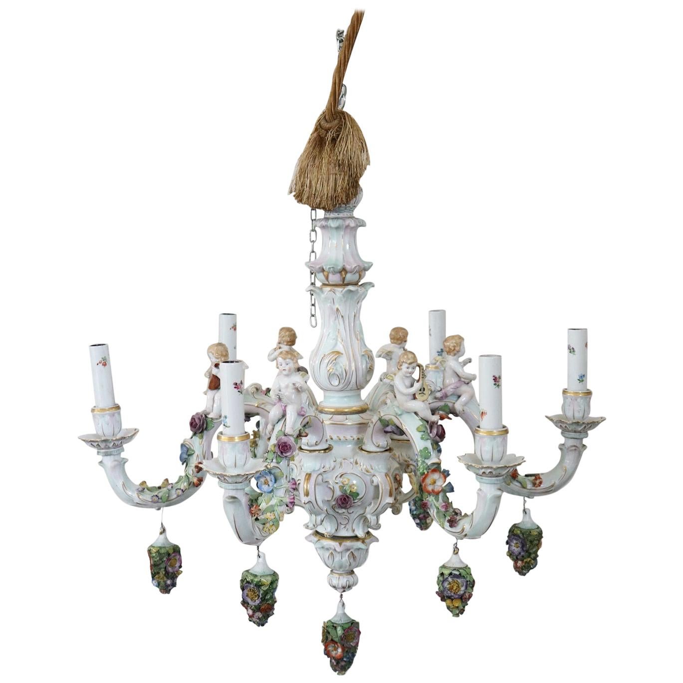 20th Century Italian Porcelain Chandelier Decorated with Flowers and Cherubs