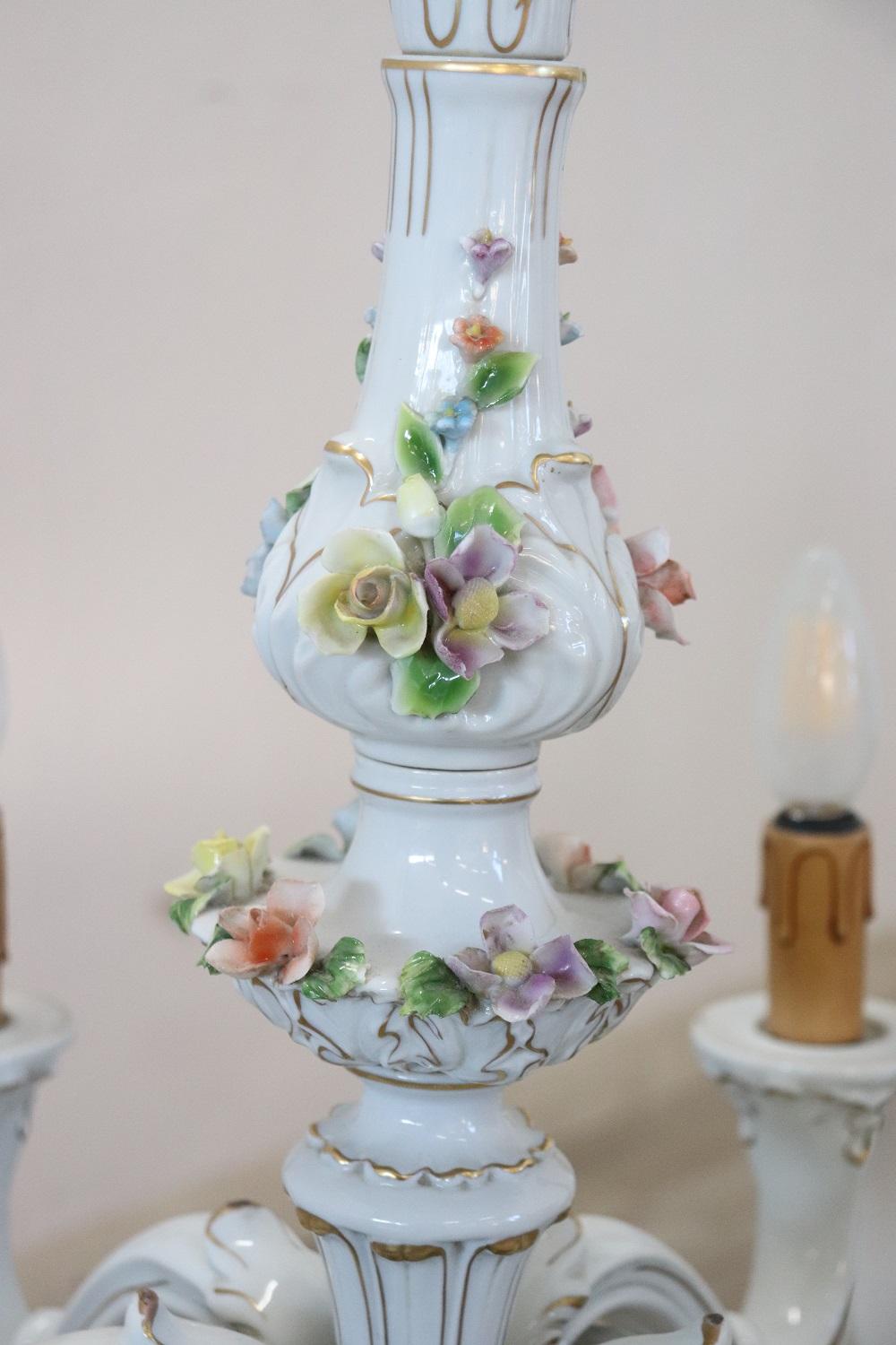 Mid-20th Century 20th Century Italian Porcelain Chandelier Decorated with Flowers For Sale