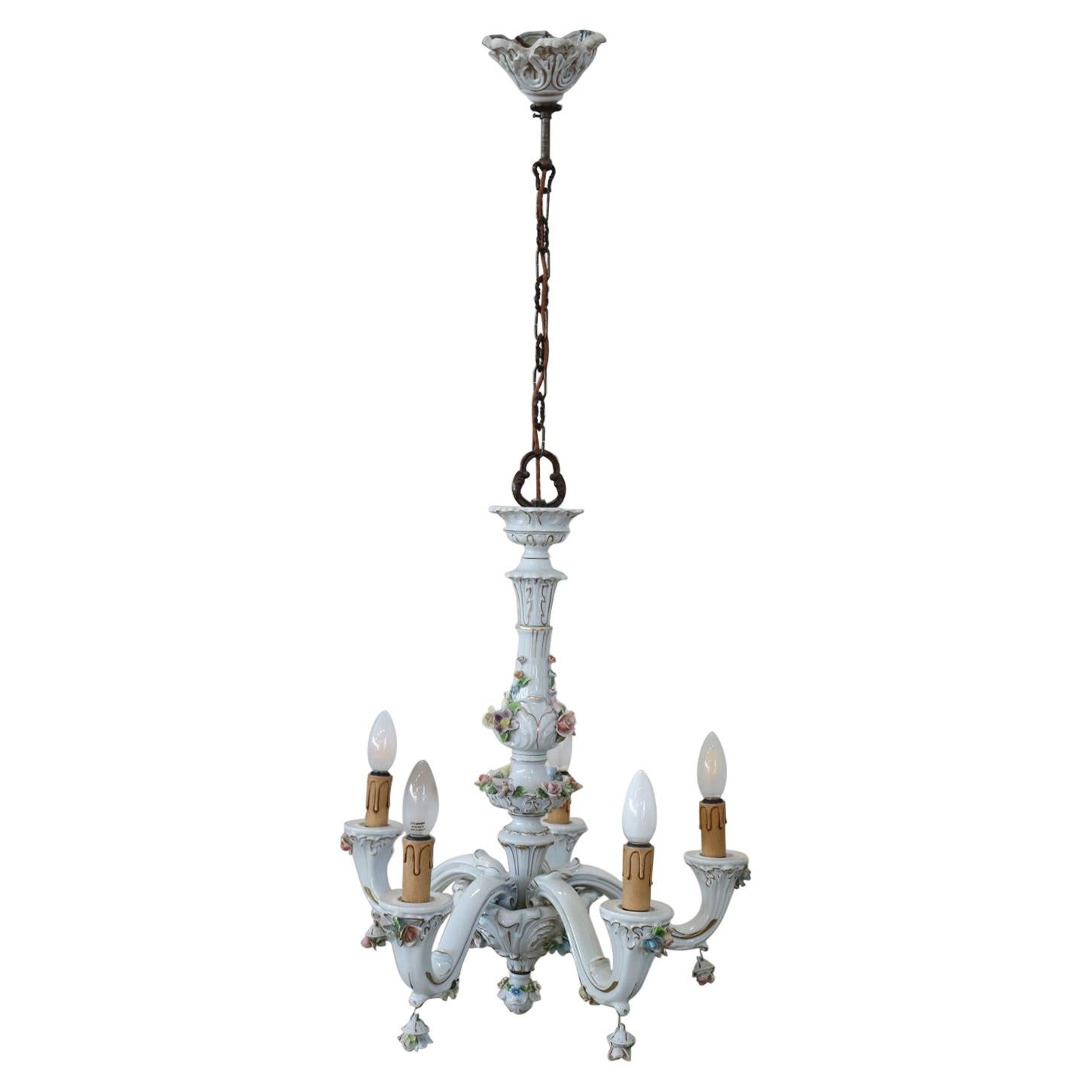 20th Century Italian Porcelain Chandelier Decorated with Flowers