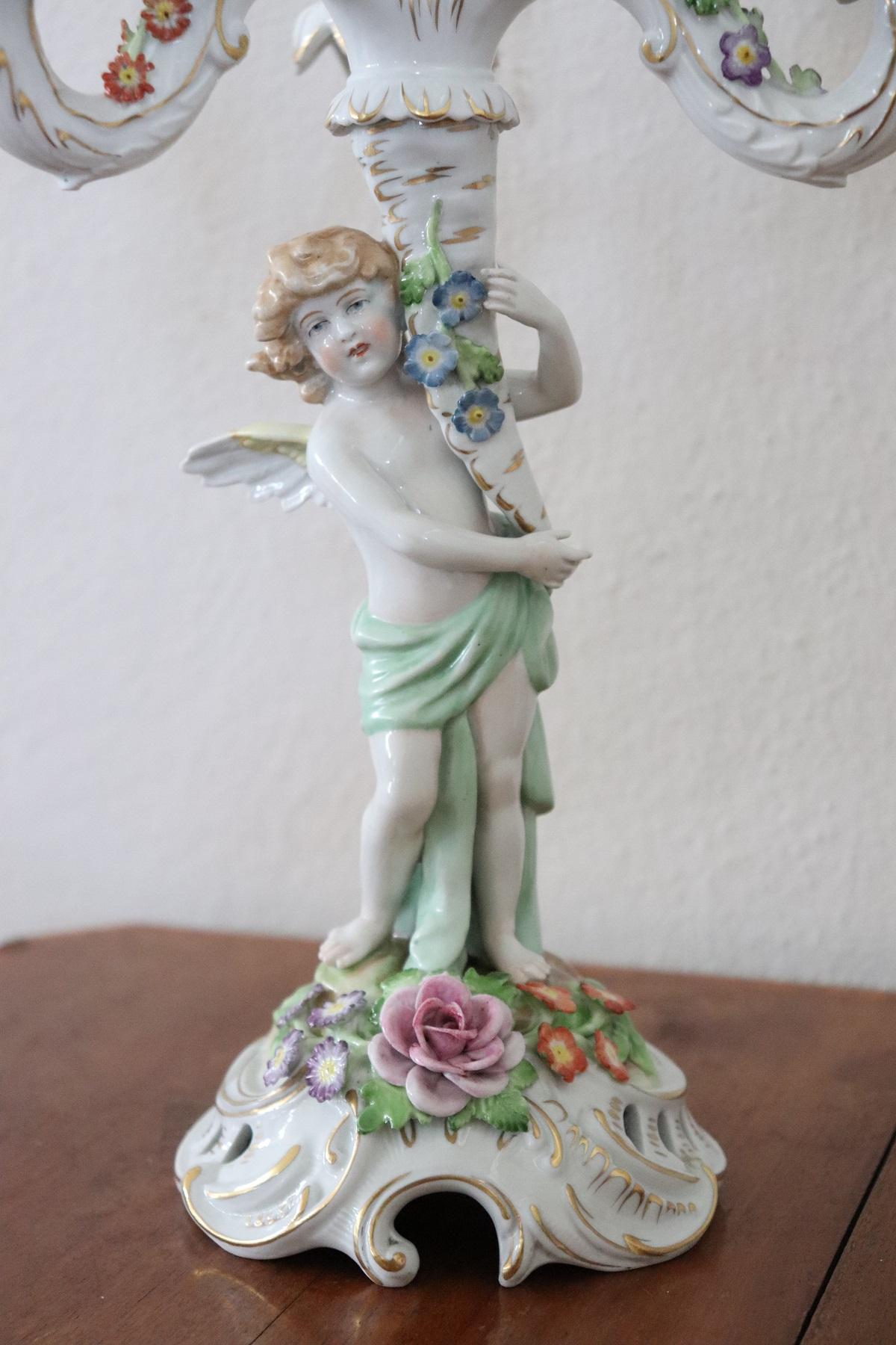 20th Century Italian Porcelain Hand Painted Pair of Candlestick or Candelabra In Excellent Condition In Casale Monferrato, IT