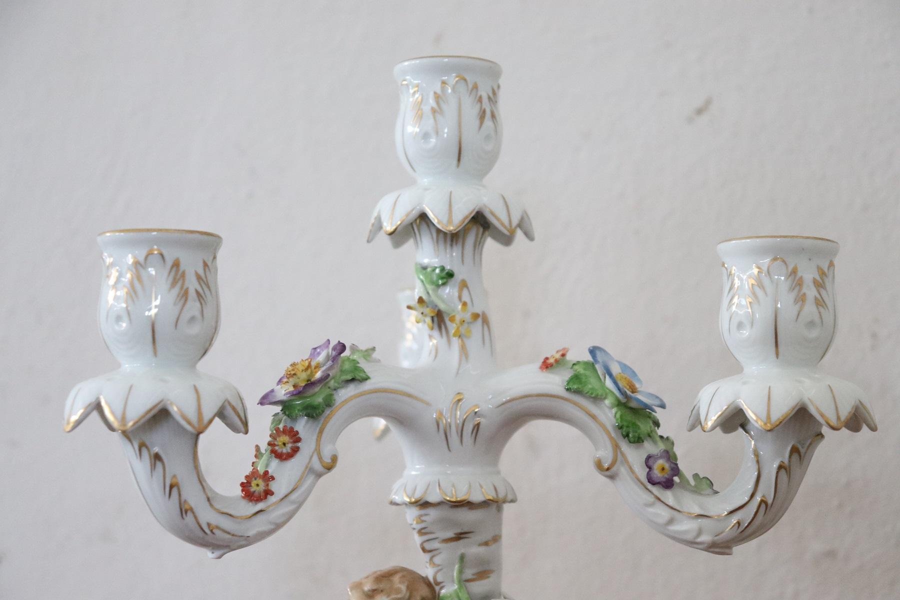 Mid-20th Century 20th Century Italian Porcelain Hand Painted Pair of Candlestick or Candelabra