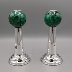20th Century Italian Pr. of Sterling Silver and Malchite Candlesticks