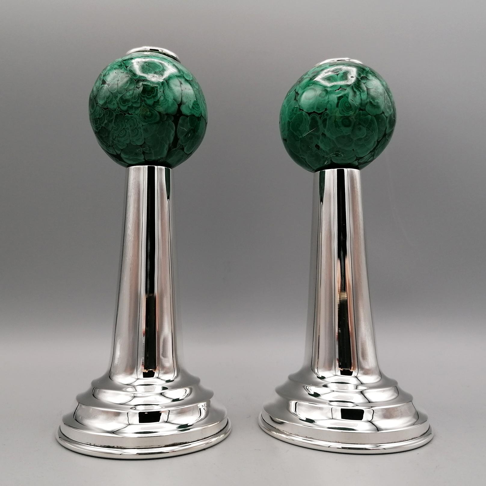 Other 20th Century Italian Pr. of Sterling Silver and Malchite Candlesticks