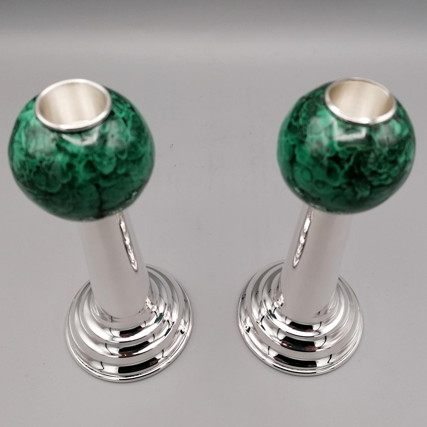 Hand-Crafted 20th Century Italian Pr. of Sterling Silver and Malchite Candlesticks