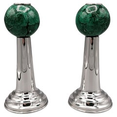 20th Century Italian Pr. of Sterling Silver and Malchite Candlesticks