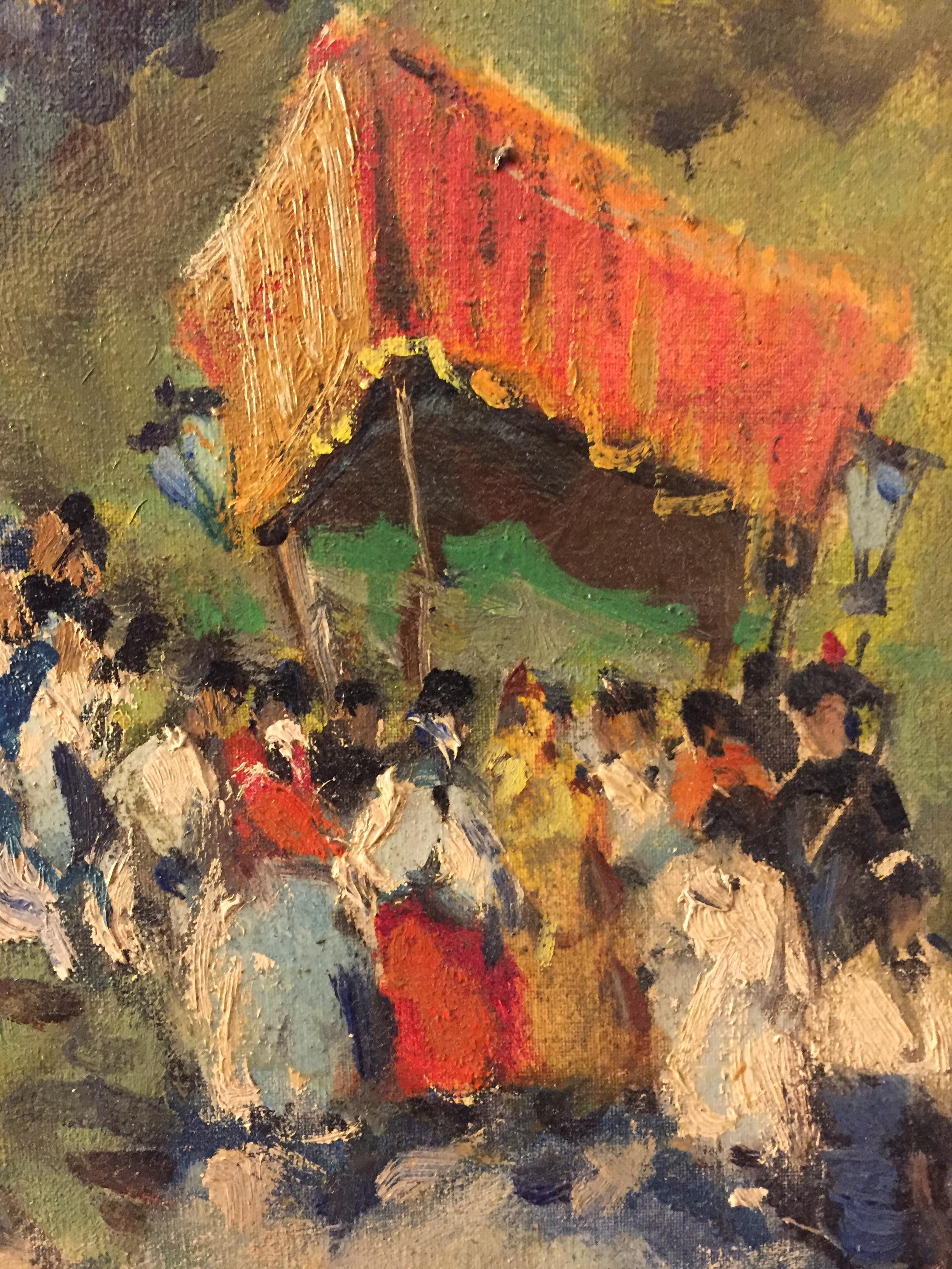 From Italy an original colorful oil on canvas painting by Cirano Castelfranchi depicting a religious procession along a mountain path, dated 1963. On the back of the signature: Corpus Domini passes St. James. Fraele Lake 1963. C. Castelfranchi, we
