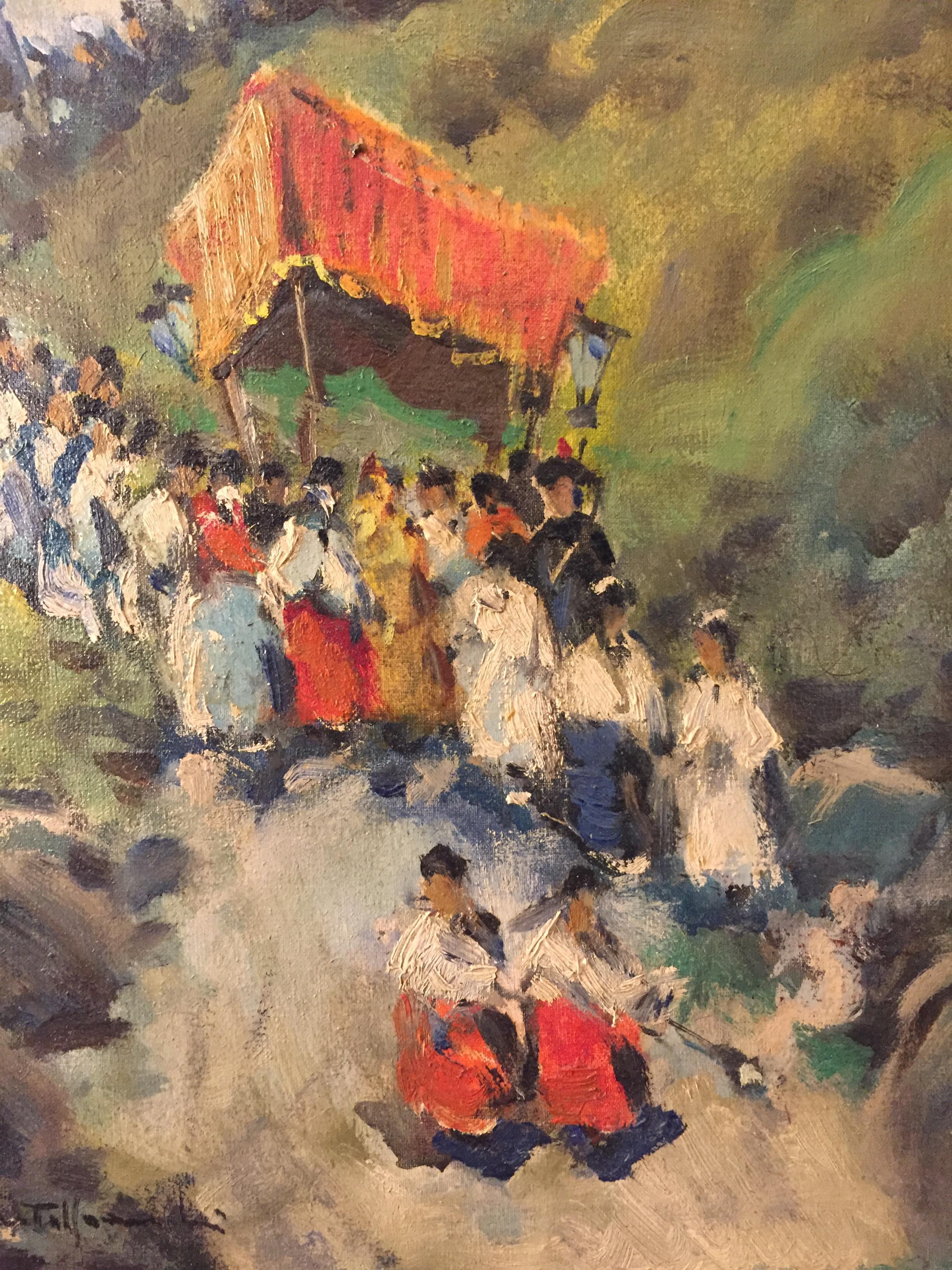 Hand-Painted 20th Century Italian Procession Along a Mountain by Castelfranchi Cirano, 1963