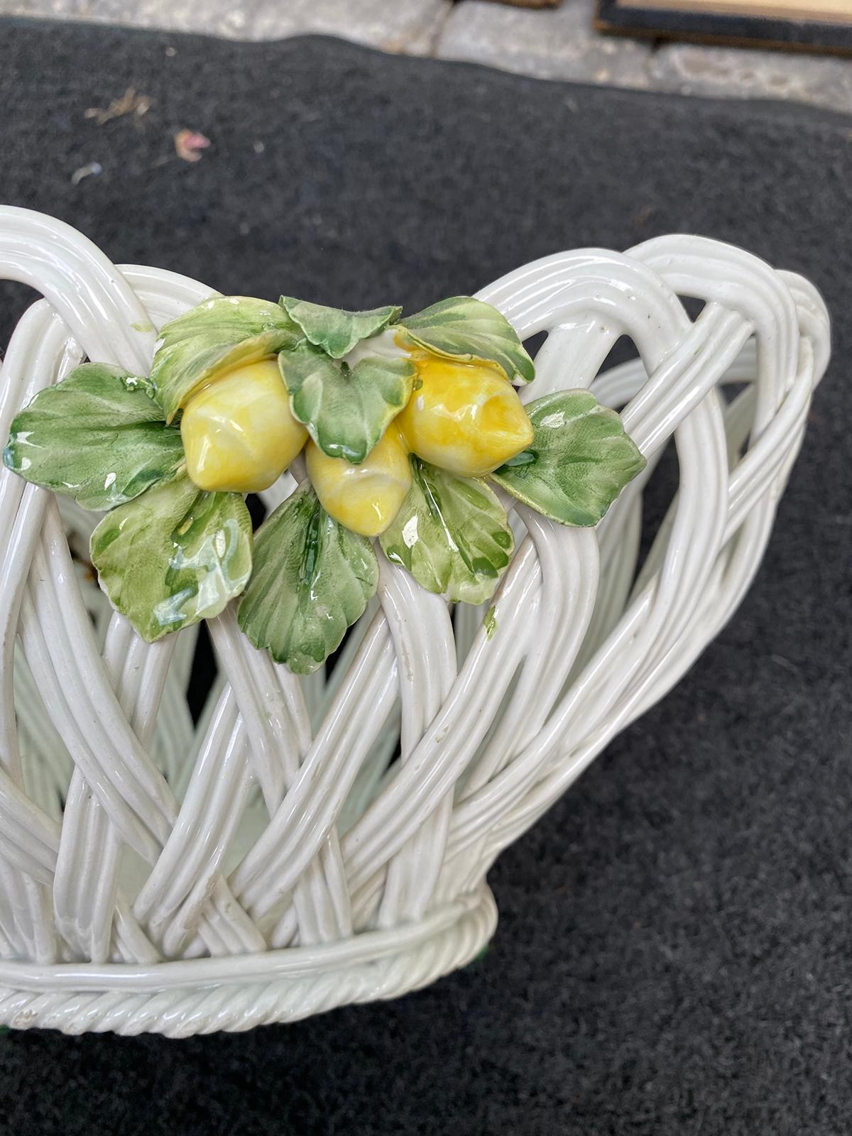 20th Century Italian Reticulated Creamware Basket with Fruit, Marked 'Italy' 7