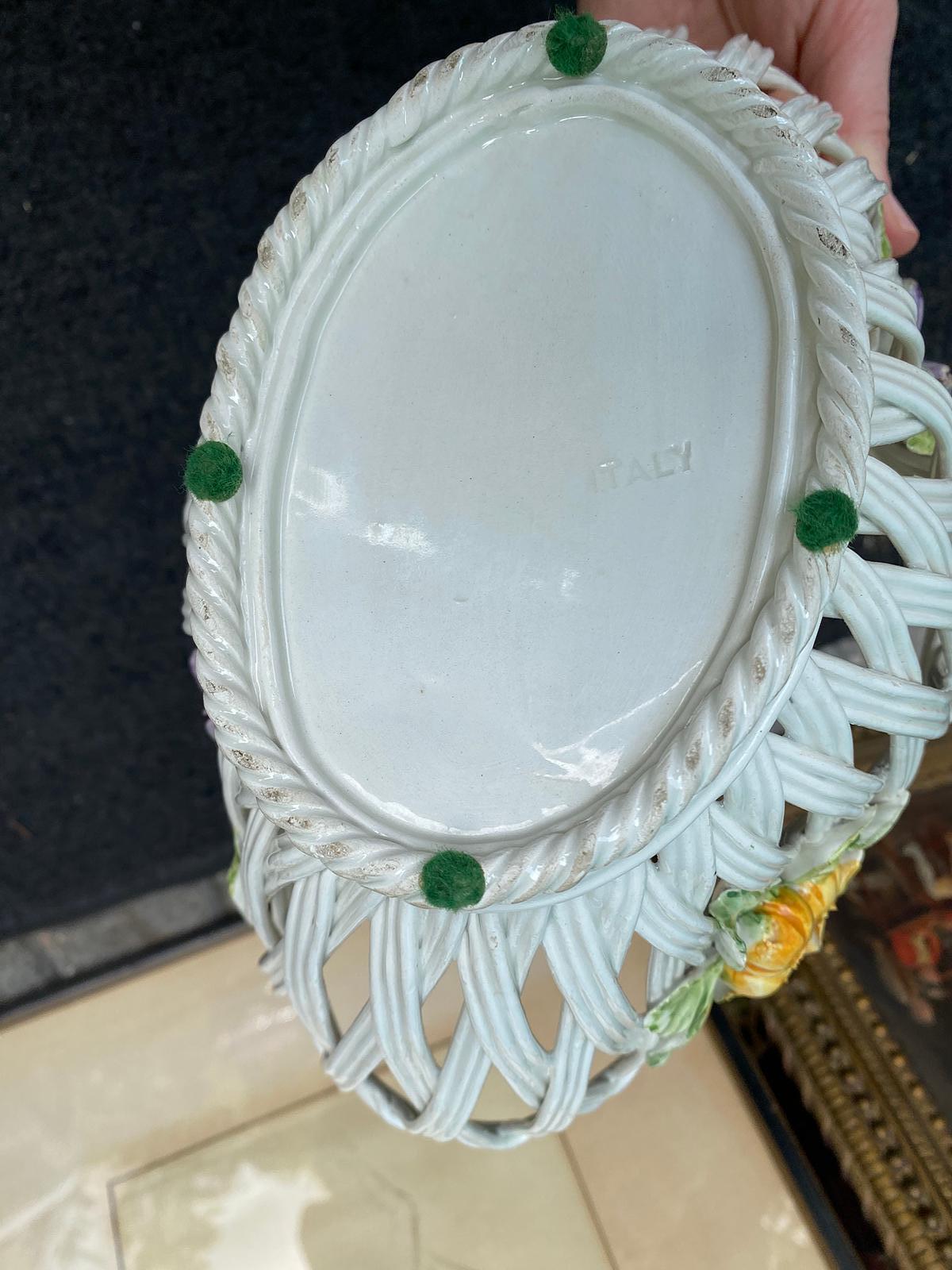 20th century Italian reticulated creamware basket with fruit, marked 'Italy'.