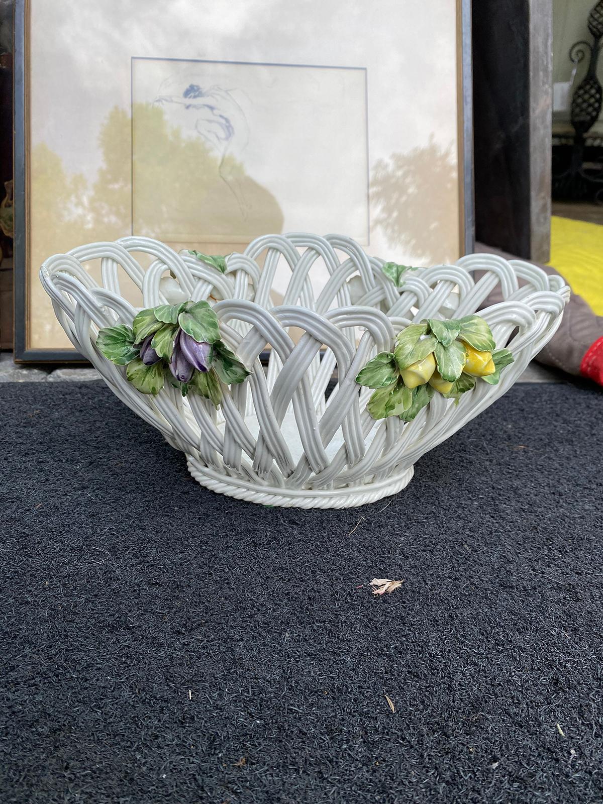 Painted 20th Century Italian Reticulated Creamware Basket with Fruit, Marked 'Italy'